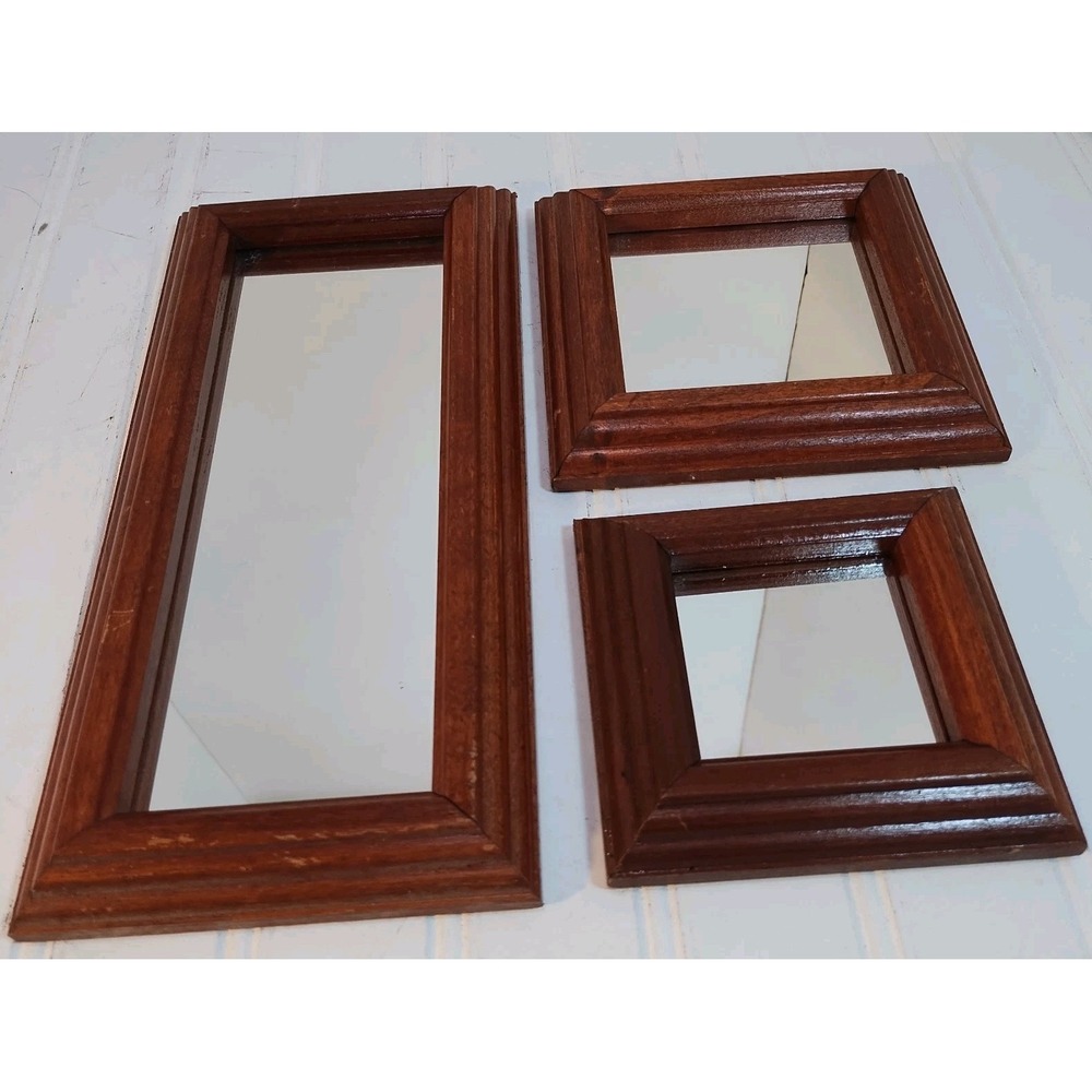 3 Vintage Homco Wood Wall Mirrors 10x5 Rectangular 4x4 5x5 Square MCM Farmhouse